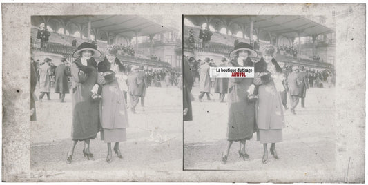 Scène de vie, Longchamp, Paris, plaque verre stéréoscopique, positif 8,5x17 cm