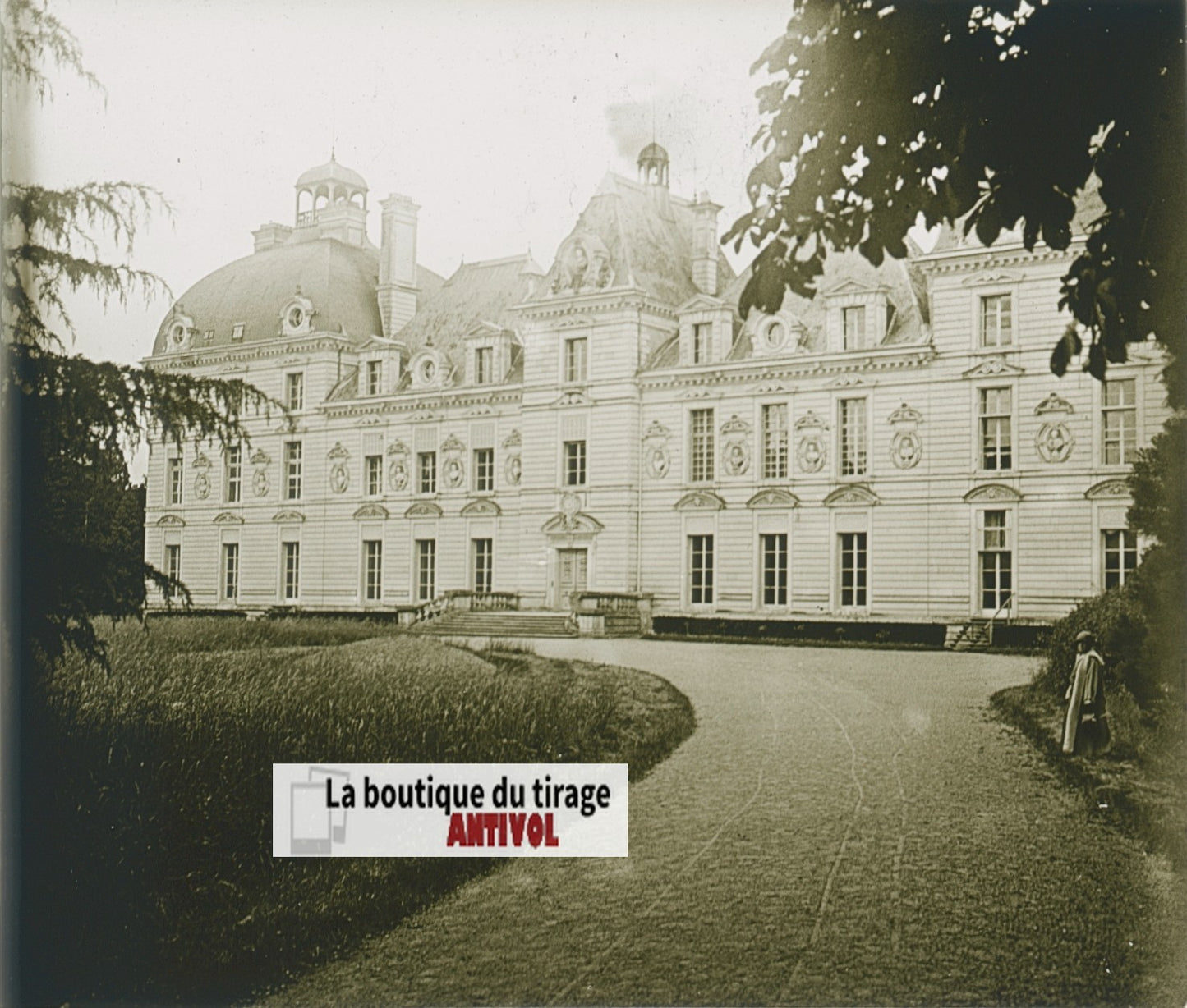 Château de Cheverny, plaque verre, photo stéréoscopie, noir & blanc 6x13 cm