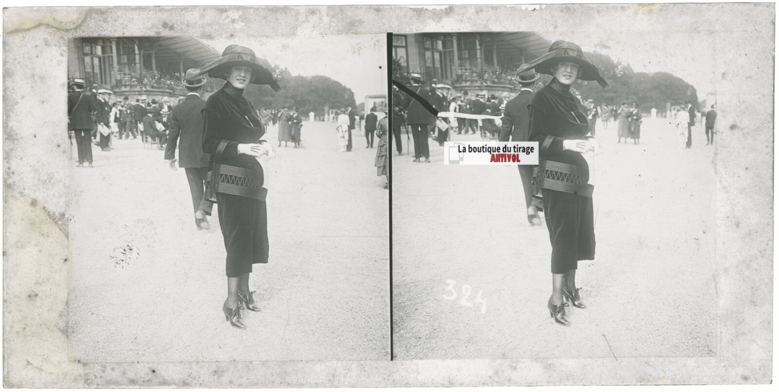 Personnages, Longchamp, Paris, plaque verre stéréoscopique, positif 8,5x17 cm