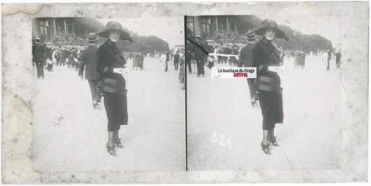Personnages, Longchamp, Paris, plaque verre stéréoscopique, positif 8,5x17 cm
