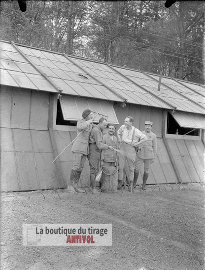 Vie de camp, soldats, WW1, plaque verre, photo ancienne, négatif 9x12 cm