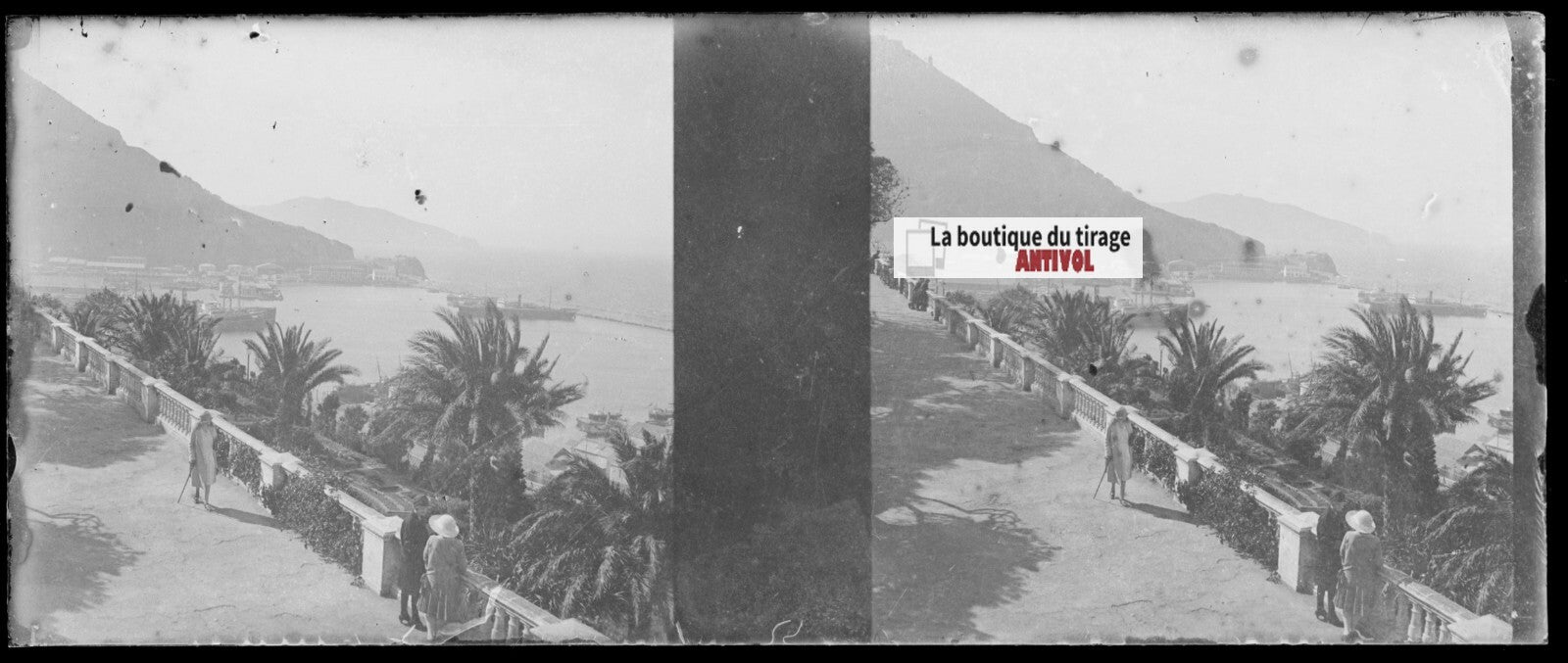 Promenade Létang, Oran, Plaque verre stéréo, négatif noir & blanc 4,5x10,7 cm