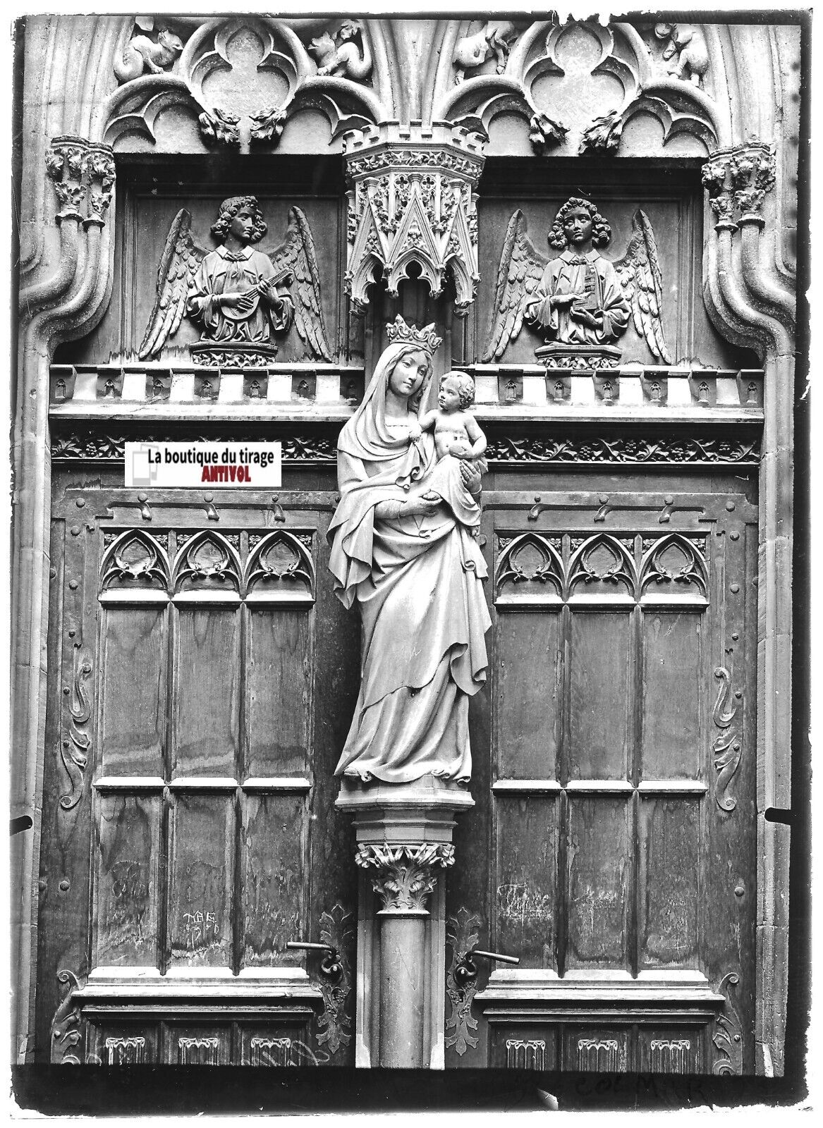 Plaque verre photo ancienne positif noir & blanc 13x18 cm Colmar église statue