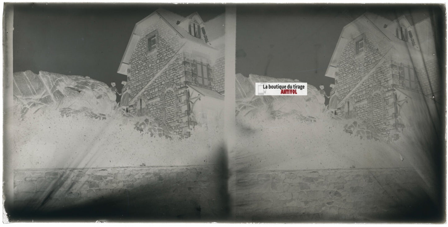 Normandie, maison village, stéréoscopie plaque ancienne verre, négatif 9x18 cm