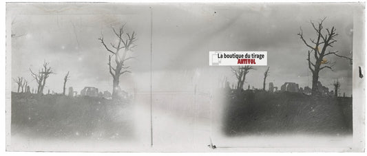 Guerre bombardement, Plaque verre stéréo, positif noir & blanc 4,5x10,7 cm