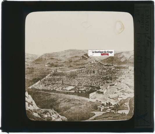 Jérusalem, dessin, photo plaque verre, noir & blanc, positif 8,5x10 cm