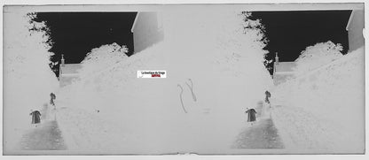 Maison, mère, fille, Plaque verre photo stéréo, négatif noir & blanc 4,5x10,7 cm