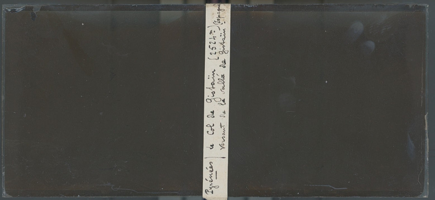 Col de Gistaín, Pyrénées, plaque verre, photo ancienne stéréo, sépia 6x13 cm