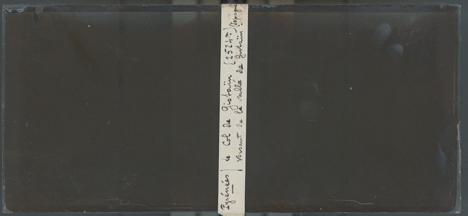Col de Gistaín, Pyrénées, plaque verre, photo ancienne stéréo, sépia 6x13 cm