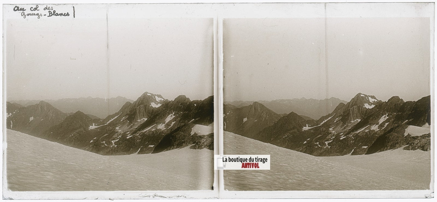 Col des Gourgs-Blancs, Pyrénées, plaque verre, photo stéréo, N&B 6x13 cm