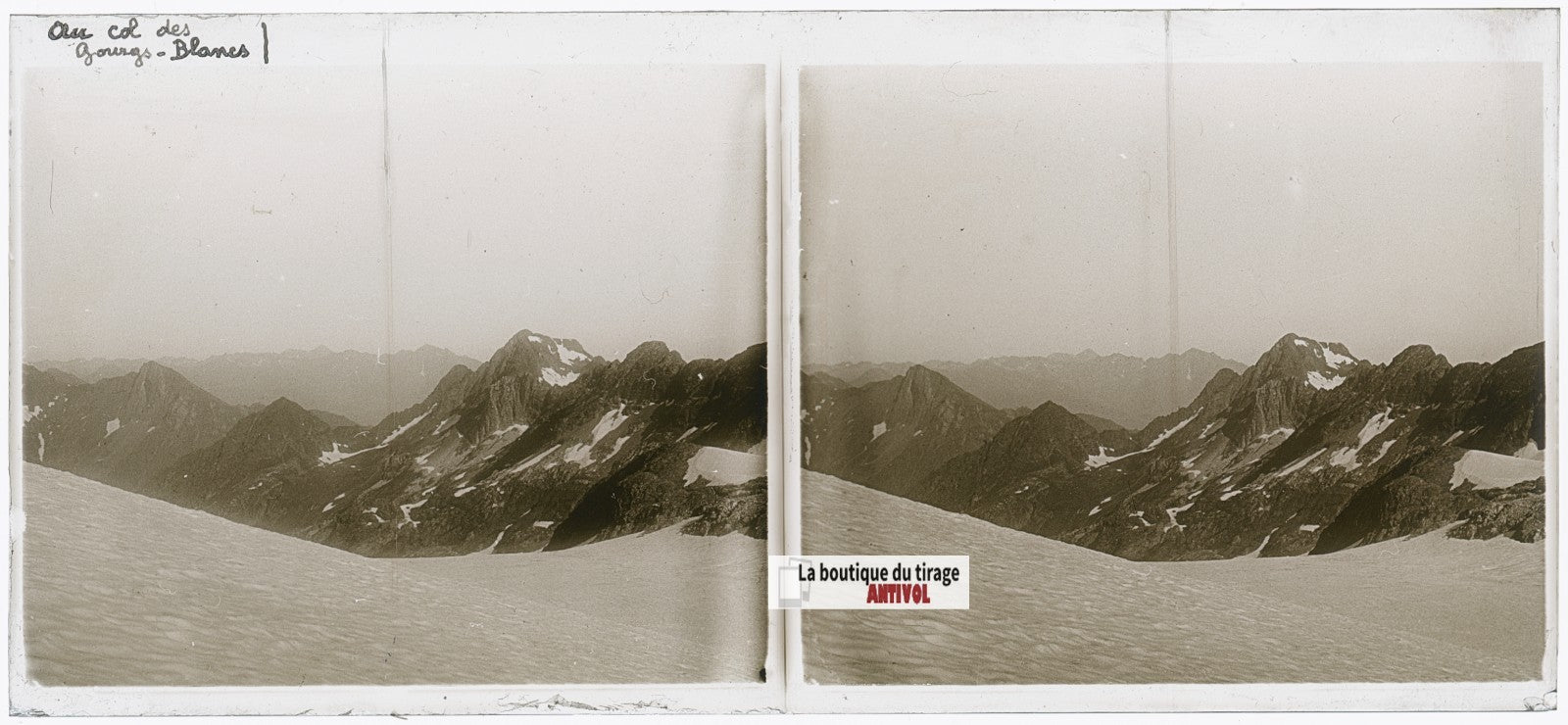 Col des Gourgs-Blancs, Pyrénées, plaque verre, photo stéréo, N&B 6x13 cm