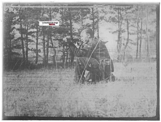 Soldat, arme, France, plaque verre photo ancienne, positif noir & blanc 9x12 cm