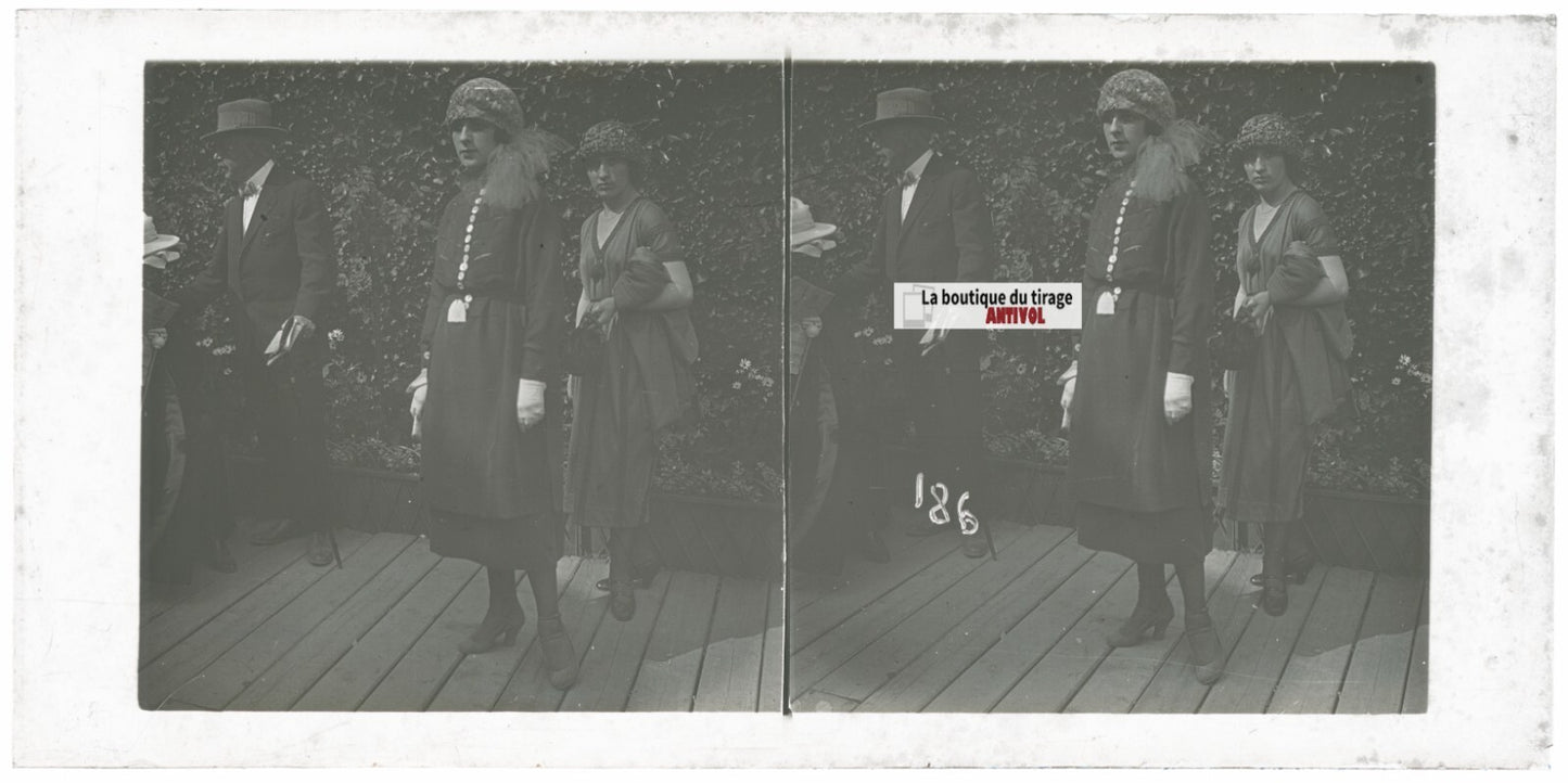 Scène de vie, Longchamp, Paris, plaque verre stéréoscopique, positif 8,5x17 cm