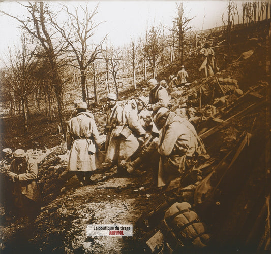 Aux Éparges, 1915, guerre WW1, plaque verre photo ancienne stéréo 6x13 cm