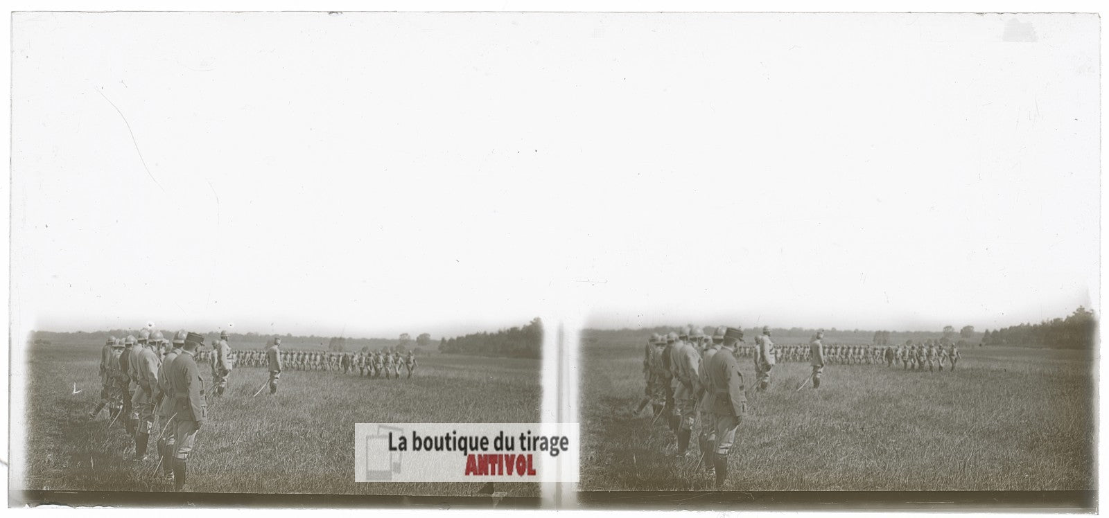Manœuvres d’infanterie, campagne WW1, plaque verre photo ancienne stéréo 6x13 cm