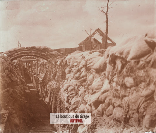 Dixmude Belgique, tranchée guerre WW1, plaque verre stéréo, photo 4,5x10,7 cm