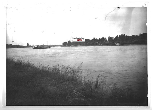 Plaque verre photo positif noir & blanc 13x18 cm Plobsheim, Le Rhin bateau