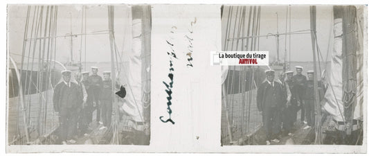 Voyage en bateau, Plaque verre stéréoscopie, positif noir & blanc 4,5x10,7 cm