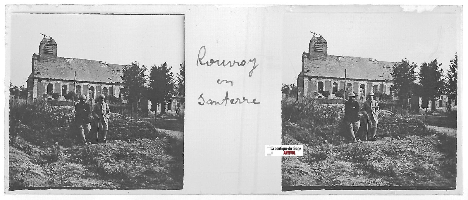 Eglise Rouvroy-en-Santerre, Plaque verre stéréo positif noir & blanc 4,5x10,7 cm