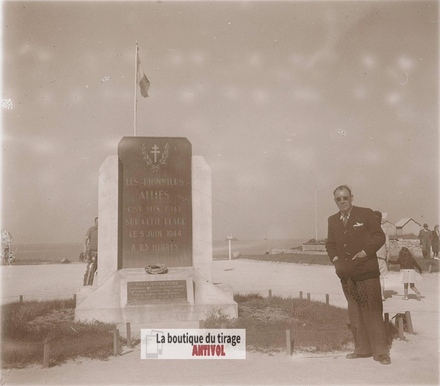 Hermanville-sur-Mer, débarquement, plaque verre photo ancienne stéréo 6x13 cm