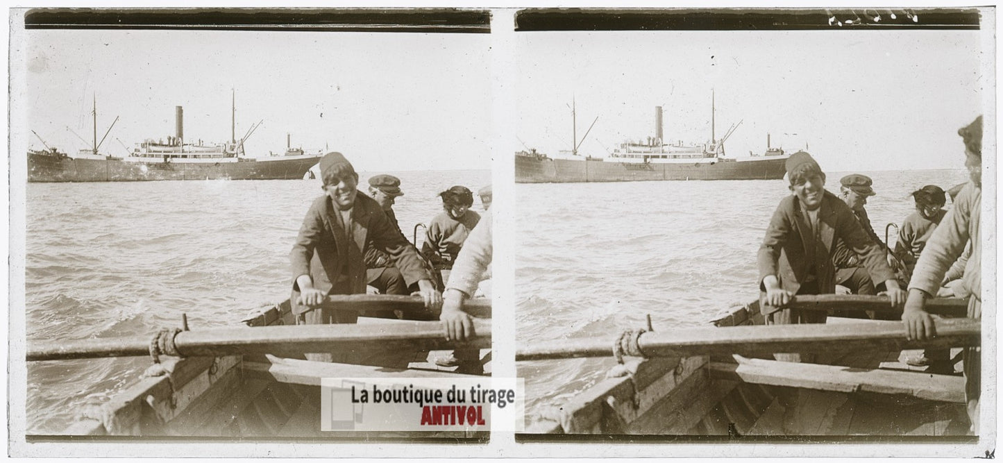 Beyrouth, Liban, bateau, plaque de verre, photo ancienne stéréo 6x13 cm