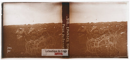 Éparges 1915, sommet, guerre WW1, plaque verre photo ancienne stéréo 6x13 cm