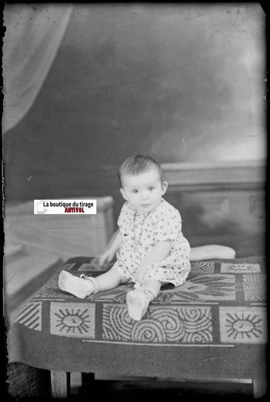 Enfant, bébé, Plaque verre photo, négatif noir & blanc 10x15 cm France