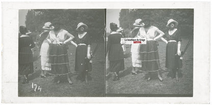 Scène de vie, Longchamp, Paris, plaque verre stéréoscopique, positif 8,5x17 cm