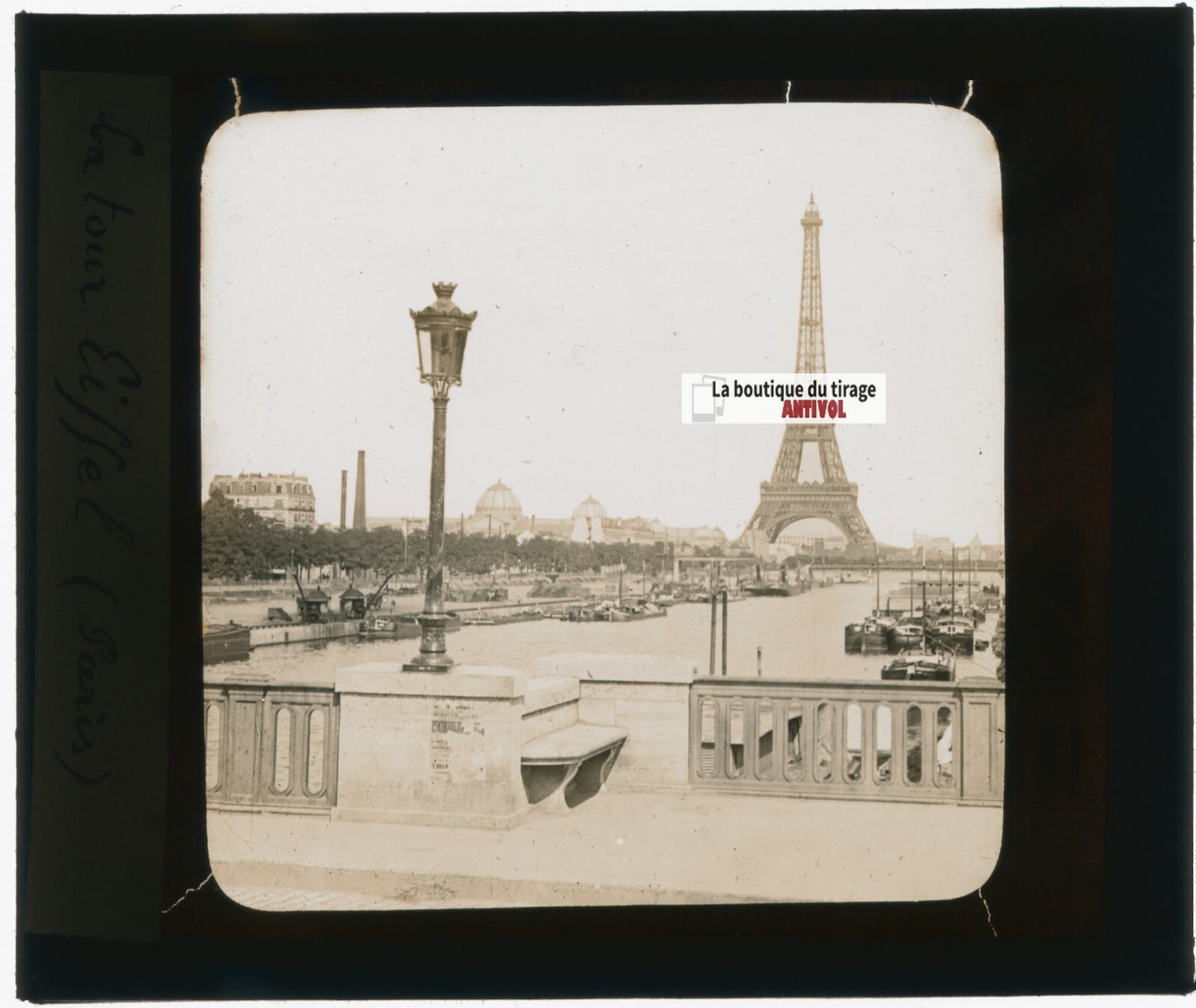Tour Eiffel, la Seine, Paris, photo plaque verre, sépia, positif 8,5x10 cm