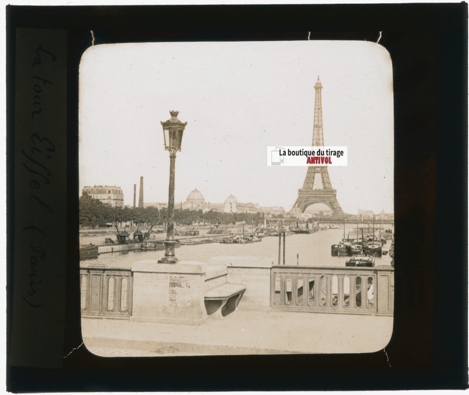 Tour Eiffel, la Seine, Paris, photo plaque verre, sépia, positif 8,5x10 cm