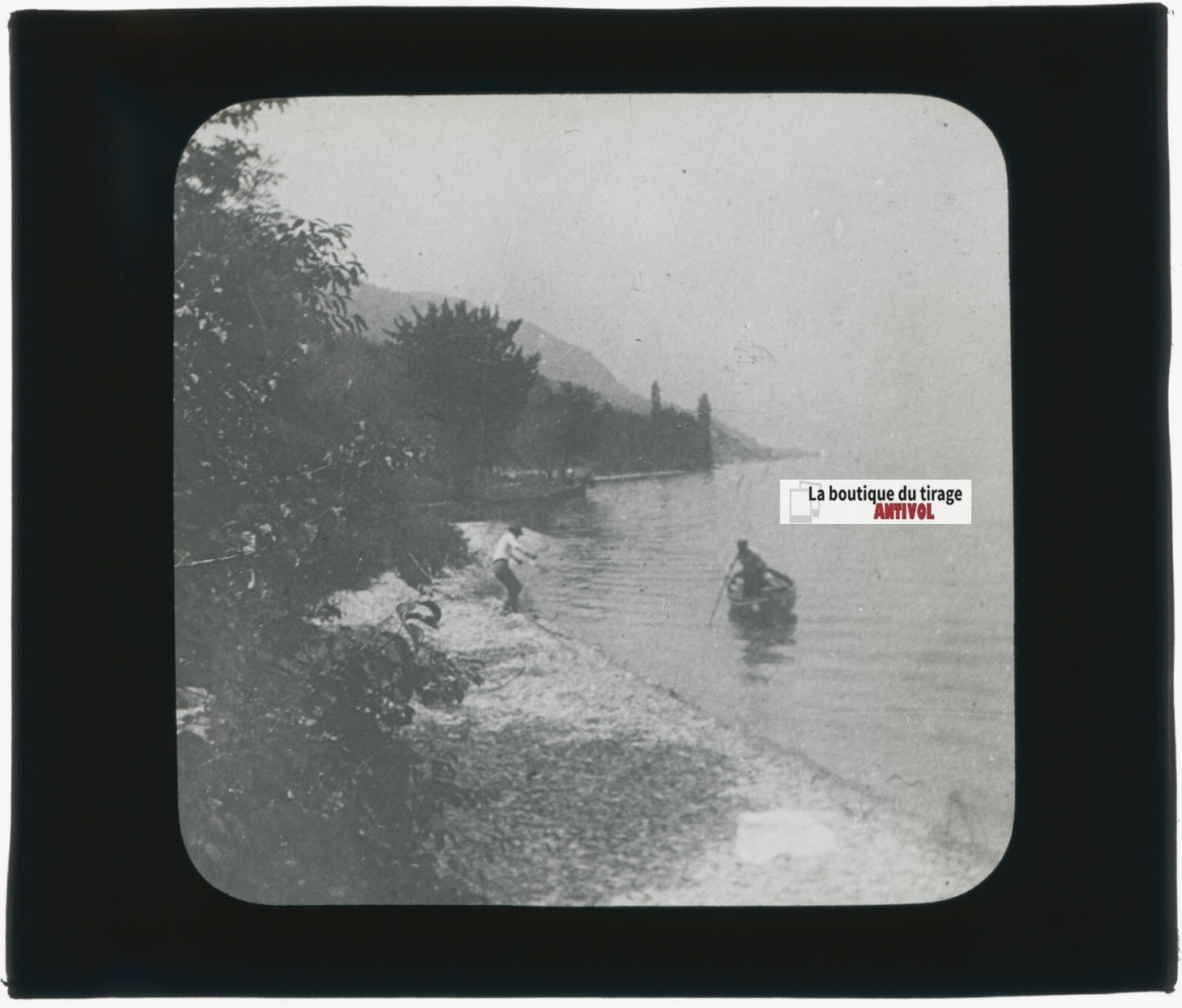 Barque, lac, paysage, photo plaque verre, noir & blanc, positif 8,5x10 cm
