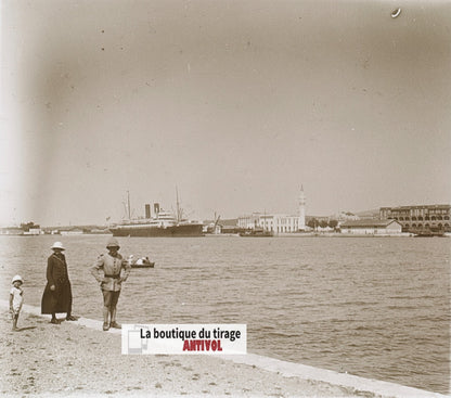 Port de Bizerte, Tunisie, plaque verre, photo ancienne stéréo, N&B 6x13 cm