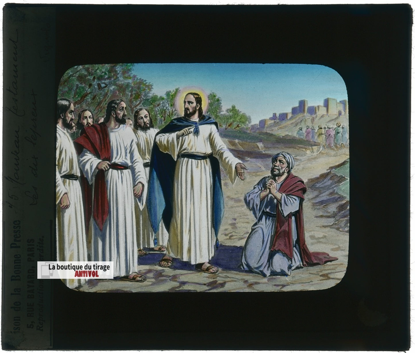 Les dix lépreux, Jésus, dessin, plaque verre ancienne, couleur 8,5x10 cm