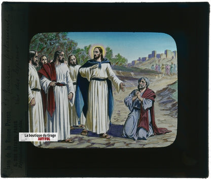 Les dix lépreux, Jésus, dessin, plaque verre ancienne, couleur 8,5x10 cm