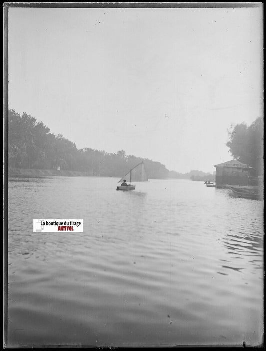 La Garonne, Toulouse, Plaque verre photo ancienne, négatif noir & blanc 9x12 cm