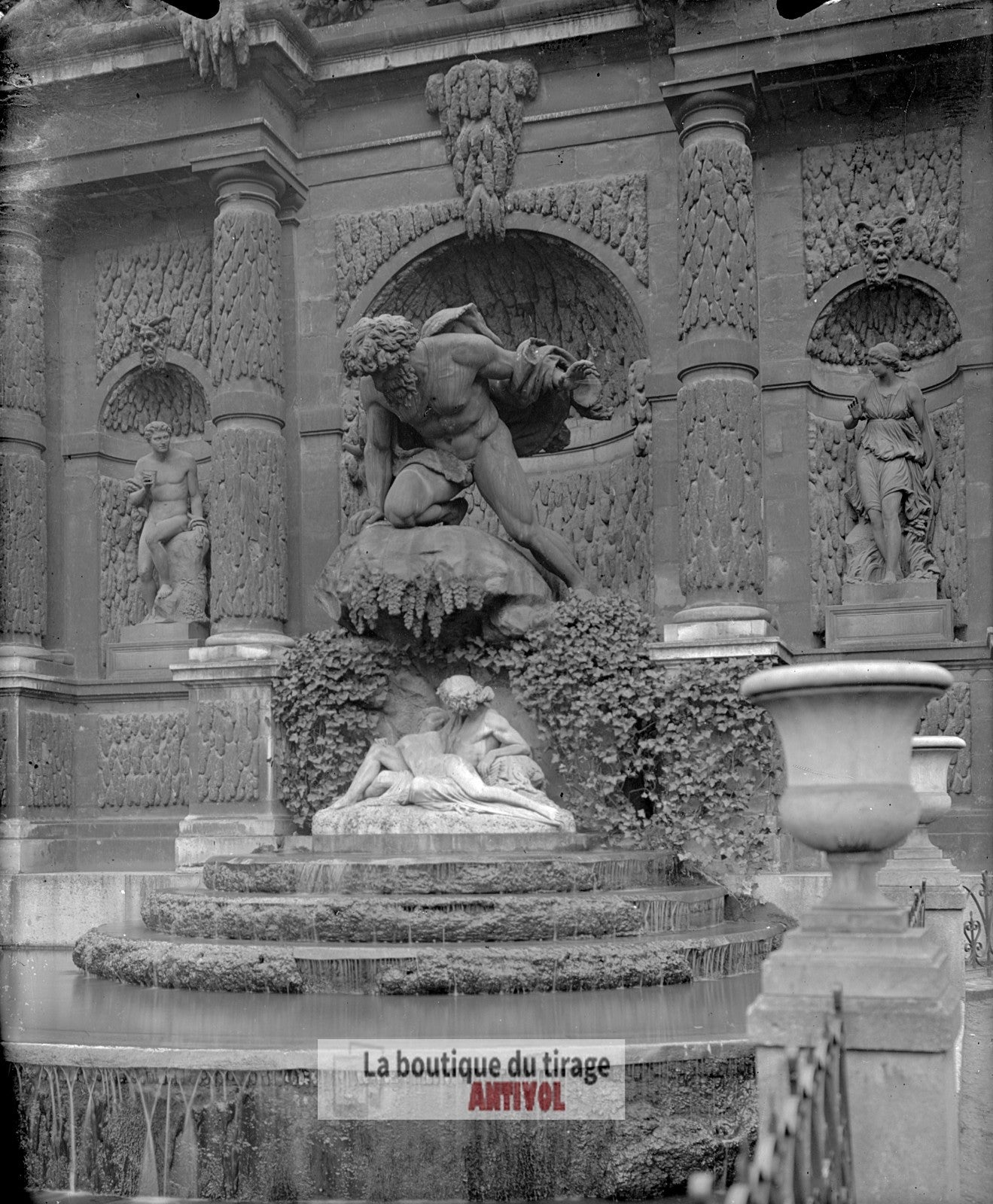 Fontaine Médicis, Paris, plaque verre, photo ancienne, négatif 9x12 cm