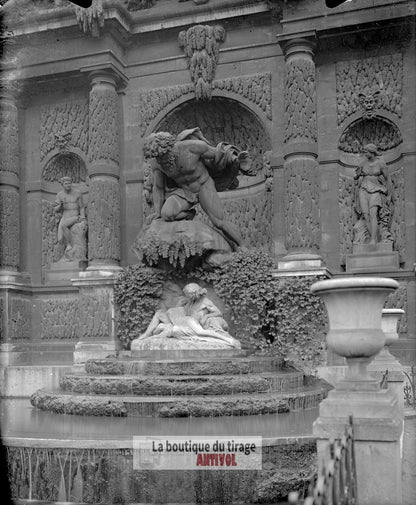 Fontaine Médicis, Paris, plaque verre, photo ancienne, négatif 9x12 cm