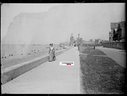 Dieppe, mer promenade, Plaque verre photo ancienne, négatif noir & blanc 9x12 cm