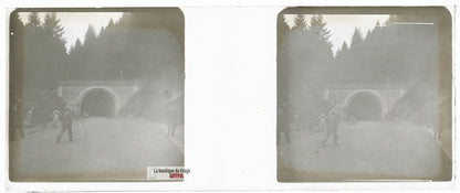 Tunnel de Bussang, Vosges, plaque verre stéréo, photo ancienne 4,5x10,7 cm