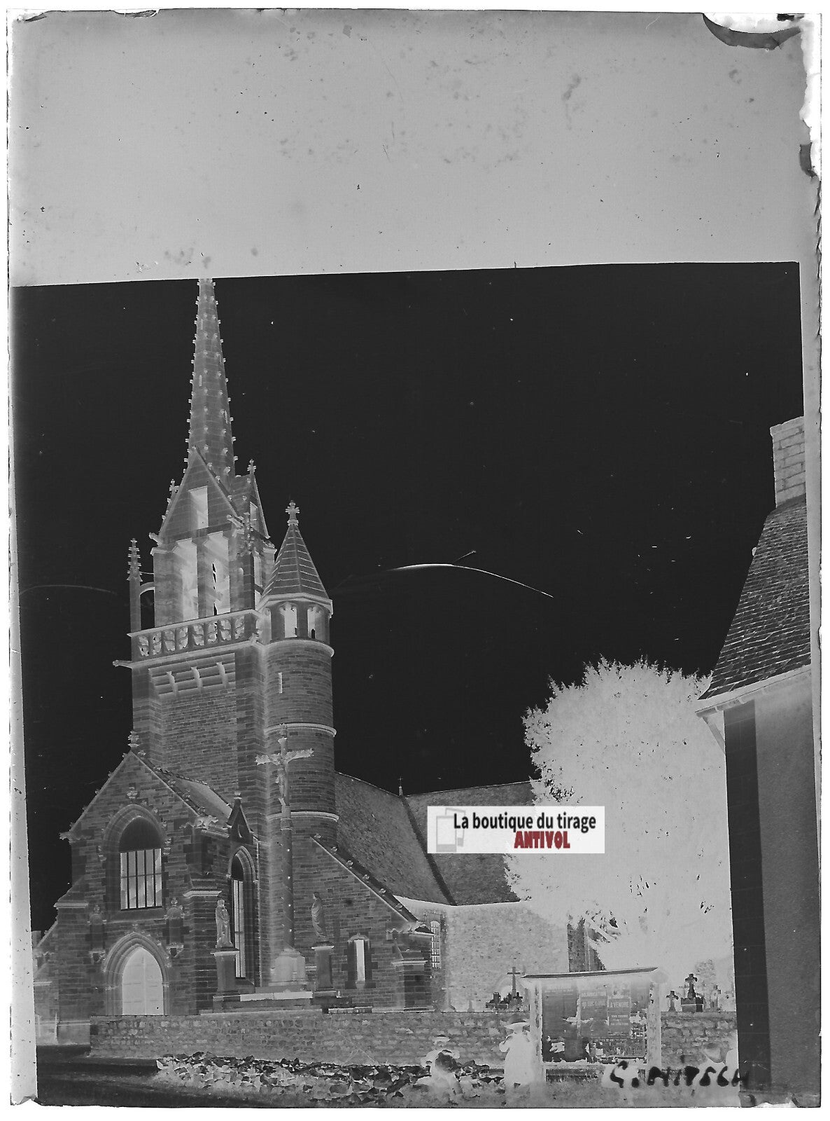 Église Saint-Ouen des Iffs, Plaque verre photo, négatif noir & blanc 9x12 cm