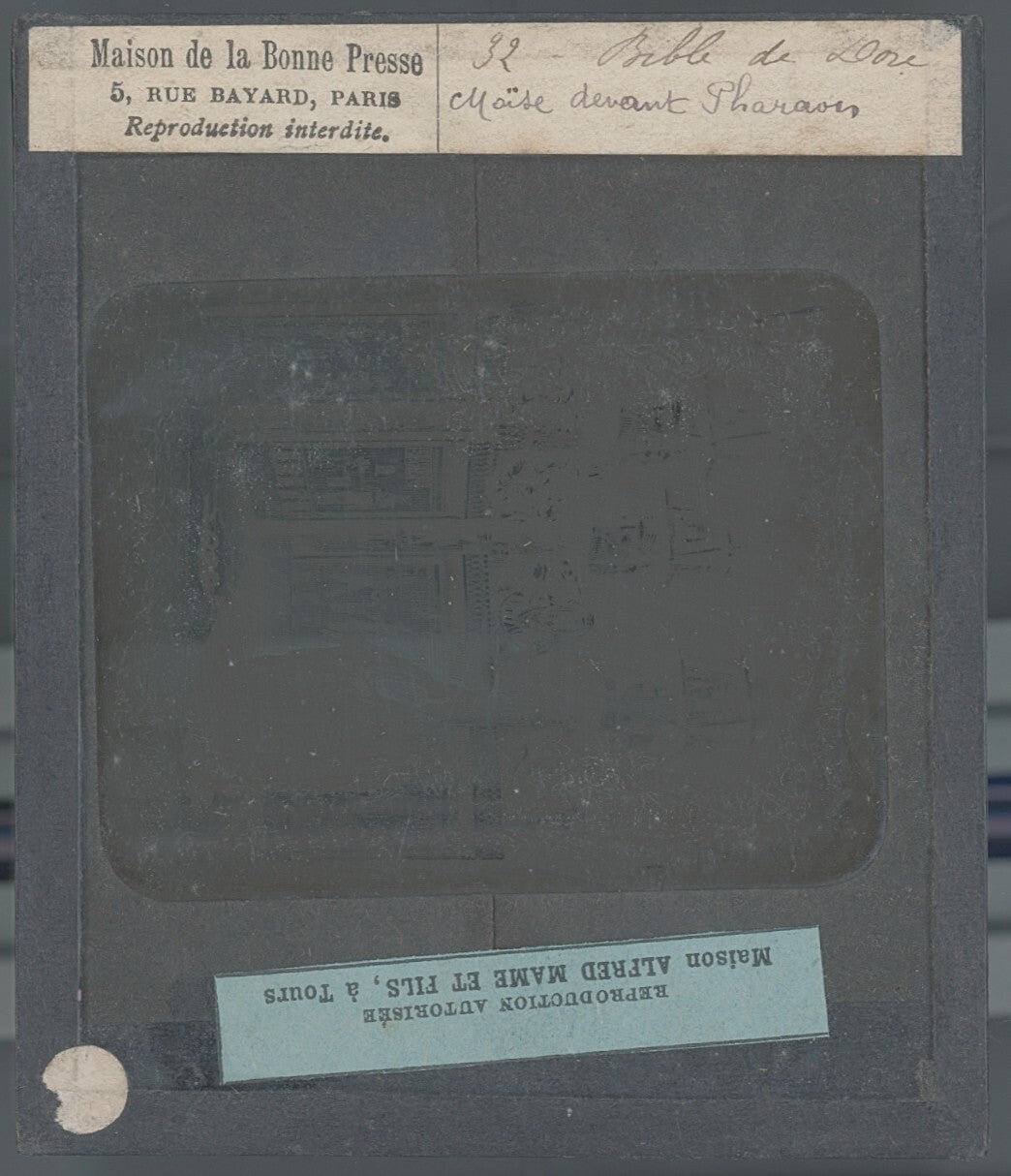 Moïse devant Pharaon, Bible de Doré, dessin, plaque verre, positif 8,5x10 cm