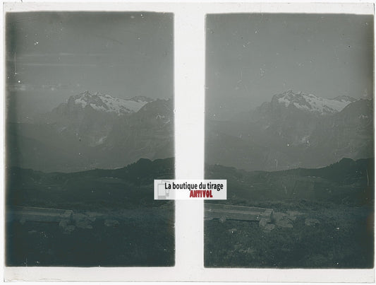 Wetterhorn, Alpes, Suisse, stéréo photo plaque verre, noir & blanc, 9x12 cm