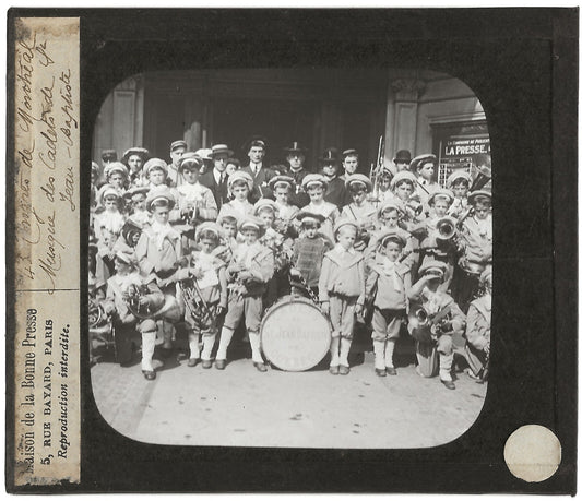 Groupe enfants musique, Montréal, photo plaque de verre, positif 8,5x10 cm