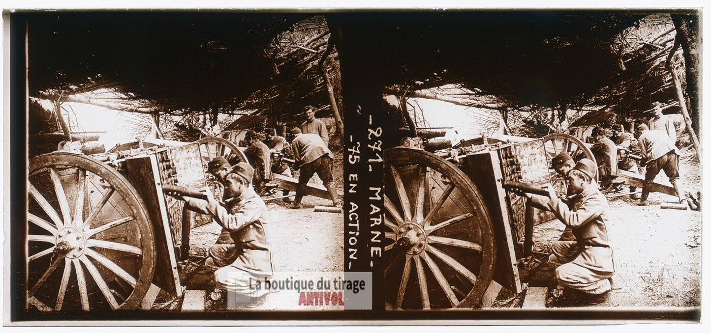 Marne, canon de 75 mm, guerre WW1, plaque verre photo ancienne stéréo 6x13 cm