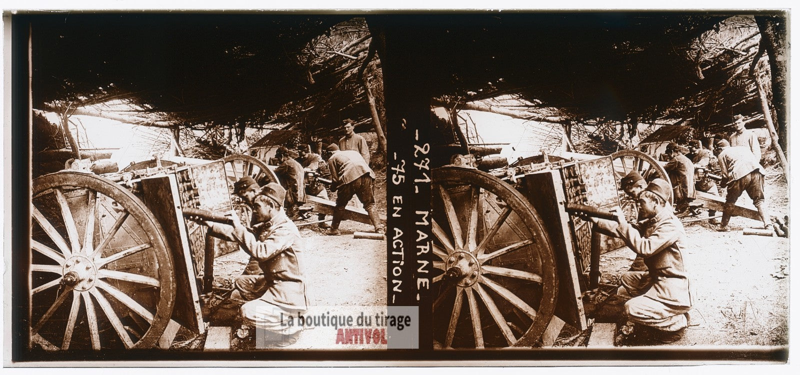 Marne, canon de 75 mm, guerre WW1, plaque verre photo ancienne stéréo 6x13 cm