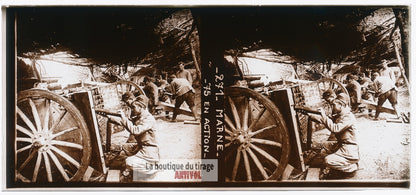Marne, canon de 75 mm, guerre WW1, plaque verre photo ancienne stéréo 6x13 cm