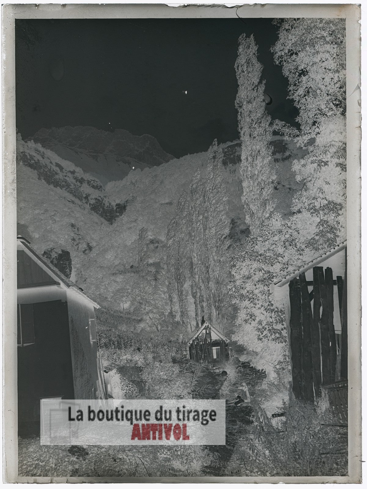 Paysage alpin, village France, plaque verre, photo ancienne, négatif 9x12 cm