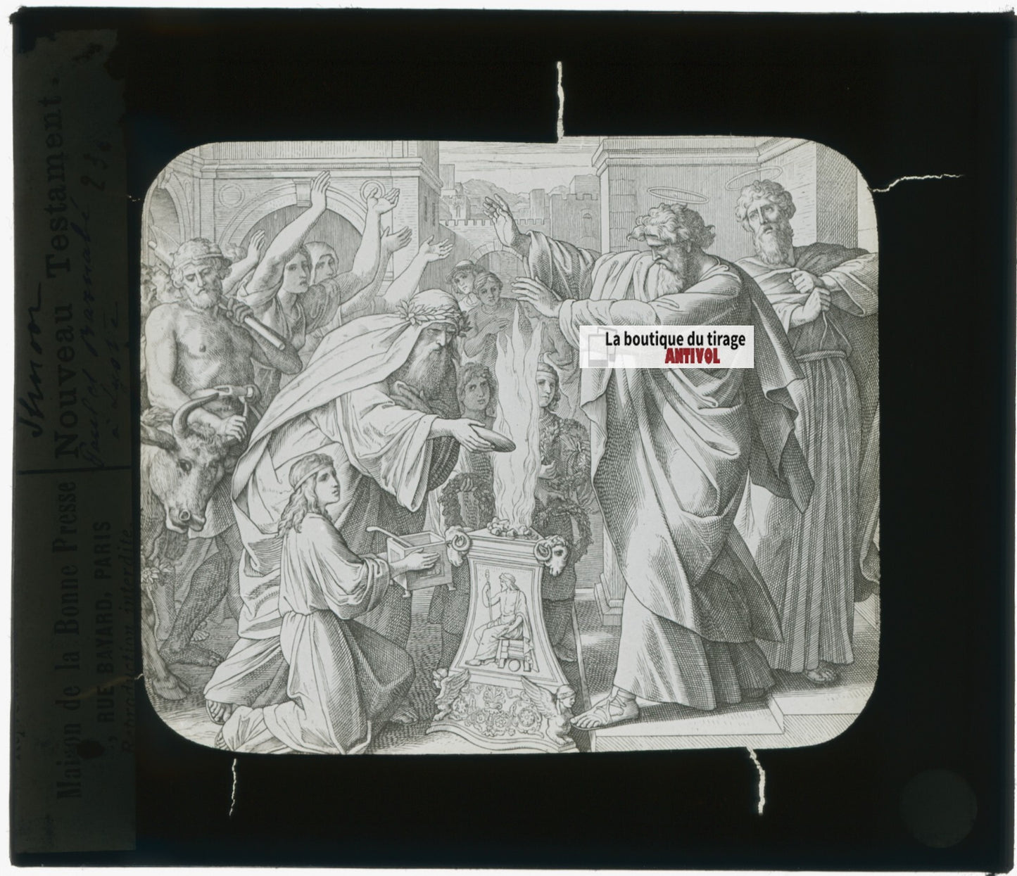 Scène religieuse, dessin, plaque de verre, noir & blanc, positif 8,5x10 cm