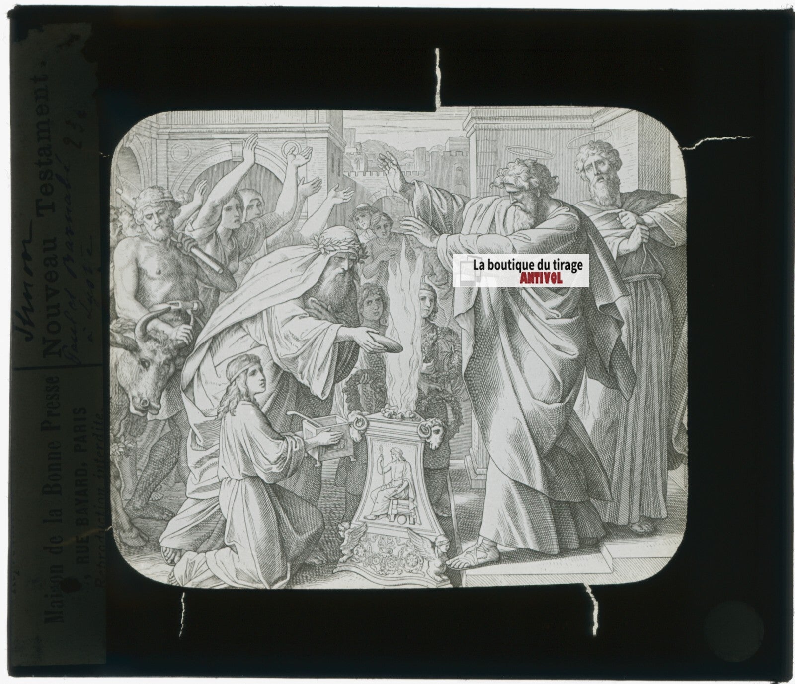 Scène religieuse, dessin, plaque de verre, noir & blanc, positif 8,5x10 cm