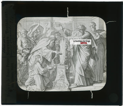 Scène religieuse, dessin, plaque de verre, noir & blanc, positif 8,5x10 cm